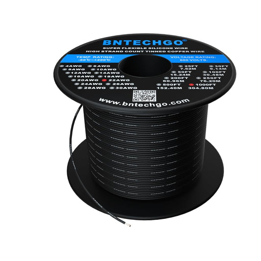 BNTECHGO 22 Gauge Silicone Wire Spool 1000 ft Black Flexible 22 AWG Stranded Tinned Copper Wire