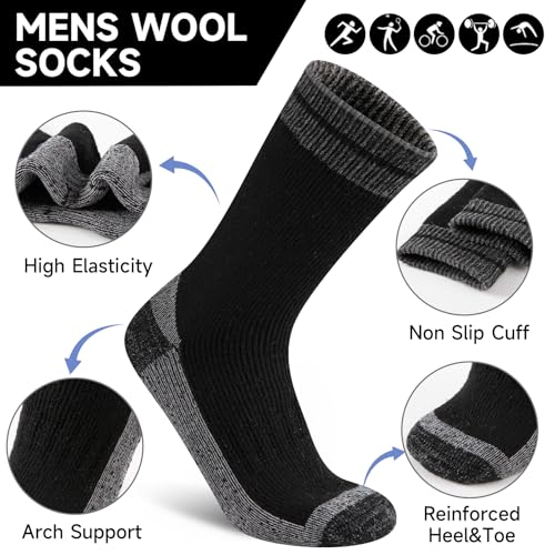 Thick Thermal Merino Wool Hiking Socks for Men - Black, 4 Pairs