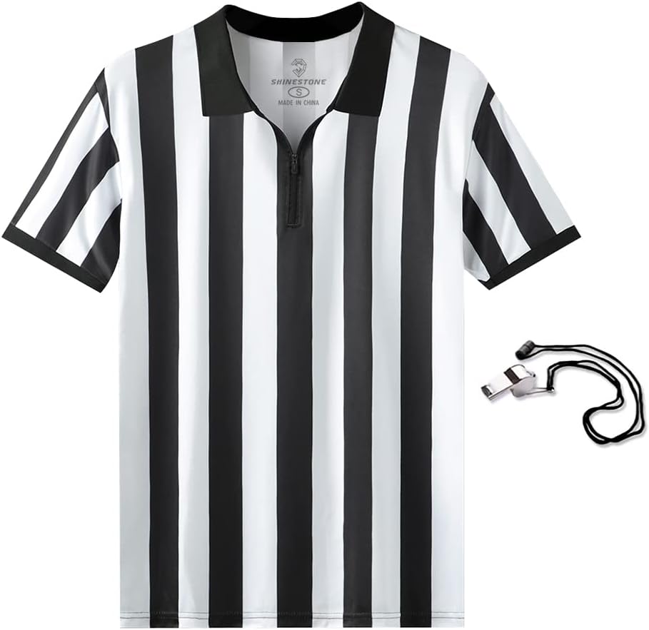 Shinestone Referee Shirt, Referee Costume Shirt for Womens and Mens, Zipper Neck Umpire Jersey for Sports and Christmas