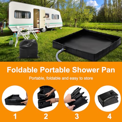 Foldable Portable Shower Pan 41x41 Inches with Drain & Mesh Bag for Camping RV Outdoor