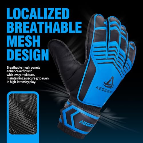 Aegicormy Goalkeeper Gloves Blue 6 with Finger Protection, Extra Grip, Unisex Youth & Adults