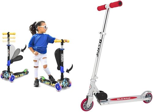 Hurtle Kids Scooter - Foldable 3-Wheel Kick Scooter with Adjustable Height & Flashing Lights | For Ages 1-12