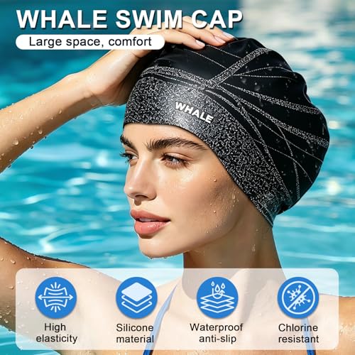 Whale Extra Large Black Swim Cap for Long Hair, Afro & Extensions – Waterproof & Comfortable