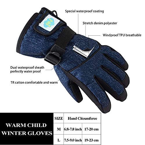 Kids Waterproof Winter Snow Mittens with Long Cuff - Jean Blue, 6-8T