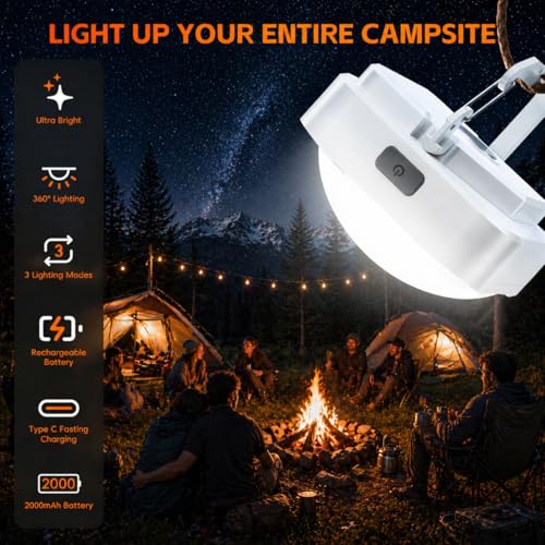 Rechargeable LED Camping Lantern - 2000mAh Battery, Waterproof, White