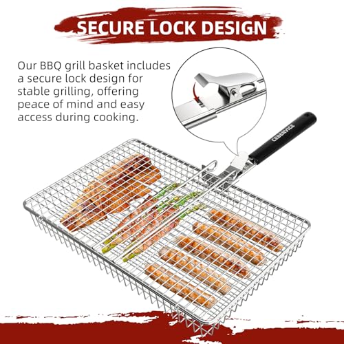 Extra Large Stainless Steel BBQ Grill Basket for Fish Vegetables Shrimp Camping