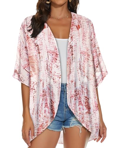 JILUVIN Women's Pink White Stripes Kimono Cardigan X-Large Beach Cover Up Summer Tops