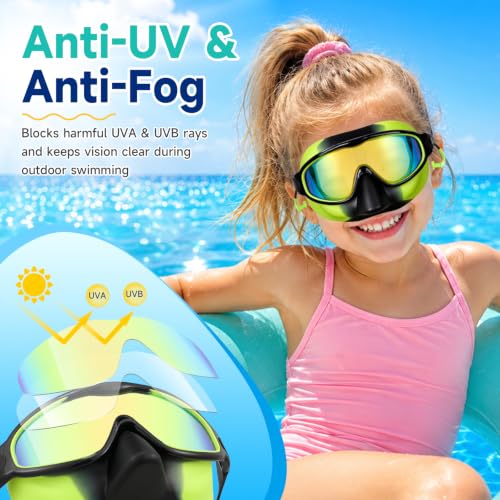 OZERO Kids Swim Goggles Anti-Fog UV Protection Clear View Green & Black 1 Pack