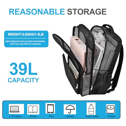 Heavy Duty Mesh Backpack 39L Large Black Travel Bag for Men & Women