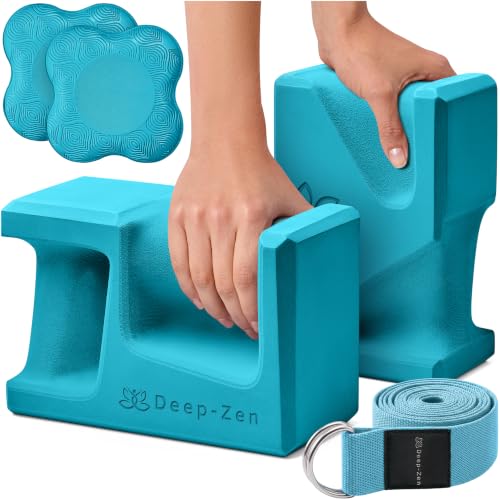 Ergonomic Yoga Block Set - 2 Foam Blocks, 2 Knee Pads & Strap