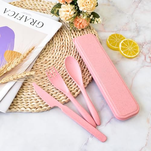 Reusable Travel Utensil Set with Case - Lightweight Plastic - Pink