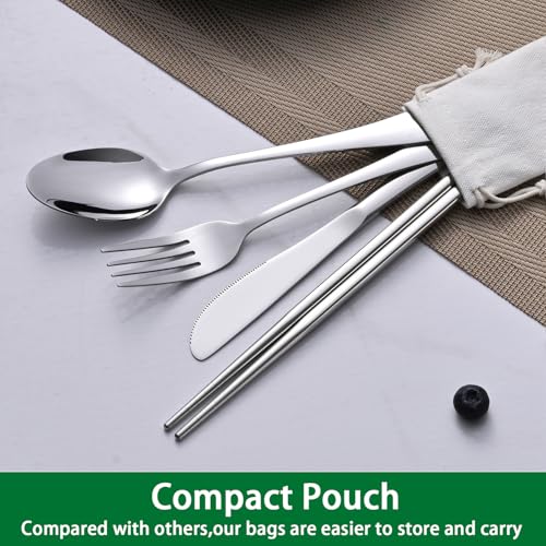 Portable Stainless Steel Travel Utensils Set with Pouch - Silver
