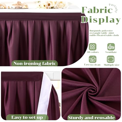 6ft Burgundy Polyester Table Skirt for Rectangle Tables - Wrinkle-Resistant Pleated Ruffle