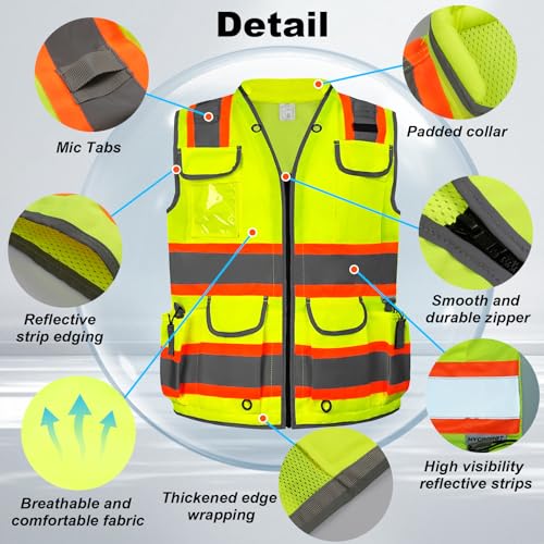 HYCOPROT Reflective Safety Vest Class 2 High Visibility Heavy Duty Construction Vest with Padded Neck,Meet ANSI/ISEA Standard