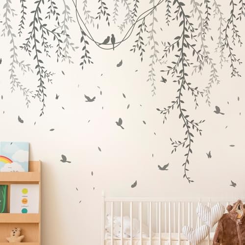 3D Removable Grey Vines Wall Stickers - Peel & Stick DIY Wall Decals with Flying Birds, Waterproof PVC Wall Decor for Kids Room, Bedroom, Living Room, Office (30x45cm x6, 89x164cm Coverage)
