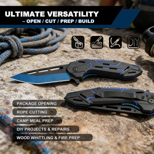 Folding Pocket Knife with Clip - EDC Tactical Knife - Black/Blue
