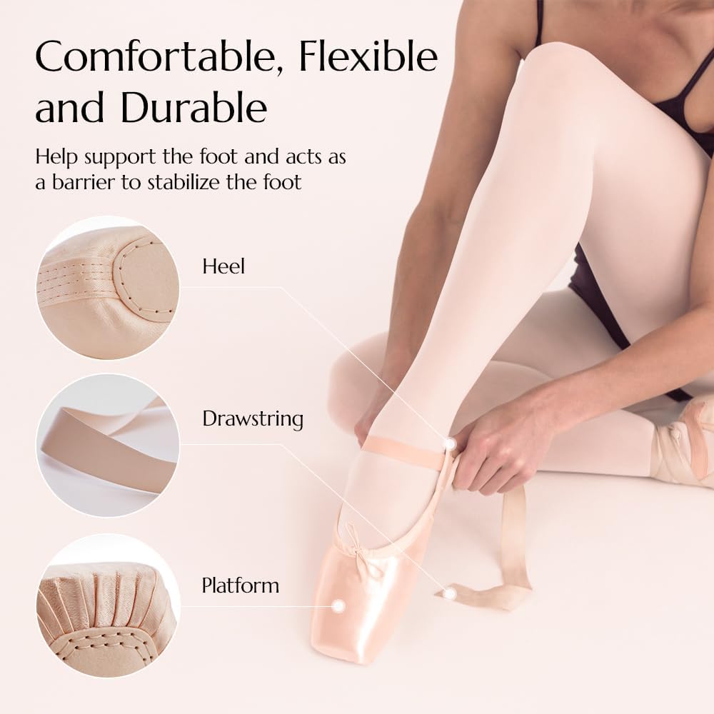 DoGeek Satin Pointe Shoes for Girls Kids Ribbon Ballet Pointe Shoes with Toe Pads for School or Home (Pink, Little Kid, Women, Numeric, US Footwear Size System, Medium)
