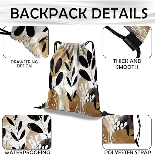 Waterproof Drawstring Backpack 13x17 - Durable Oxford Gym Bag - Brown Leaf