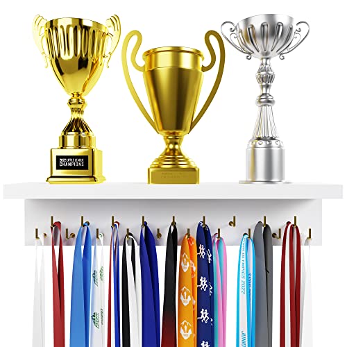 Wooden Medal Hanger with Trophy Shelf and Hooks for Awards Display
