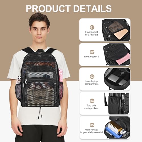 Busiuw Heavy Duty Mesh Backpack Black 20L Large Capacity Sports & Travel Bag