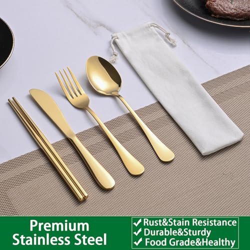 Gold Travel Utensils Set - 5-Piece Camping Cutlery with Pouch