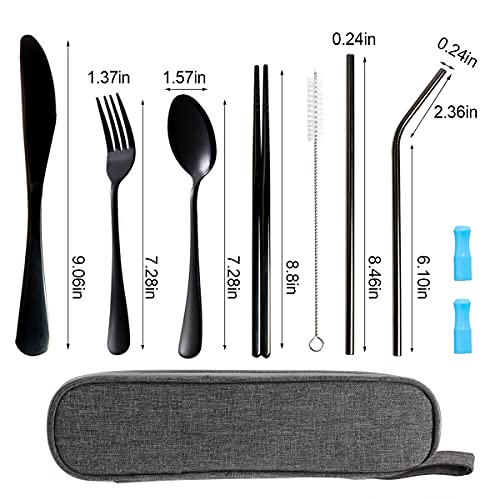 Travel Utensils Set - Reusable Portable Cutlery with Case - 8pcs Stainless Steel - Black