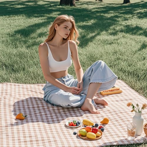 Wind Tour Waterproof Picnic Blanket 59x71 inches, Foldable Sandproof Outdoor Mat with Carry Strap, Coffee Grid Pattern