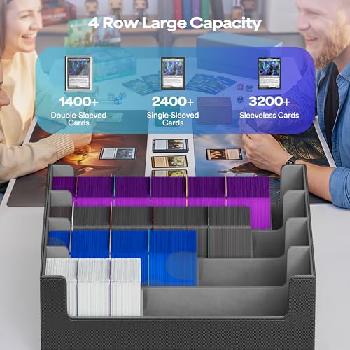 UAONO 3200+ Card Storage Box – 4-Row Leather Deck Case with 24 Dividers (Black & Grey)