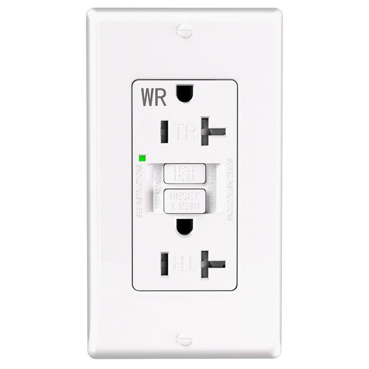 POWAWINI GFCI Outlet 20 Amp, Thinner Design, Self-Test GFI Receptacle, LED Indicator, UL Listed, Tamper Resistant, Weather Resistant, with Wall Plates and Screws, Indoor Outdoor Use, White