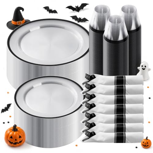 Black Disposable Plastic Plate Set for 50 Guests - 350 Pieces