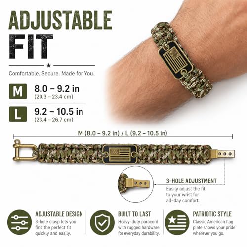 Adjustable Paracord Bracelet for Men - Bronze USA Flag - Black / M (8.2-9.2in)