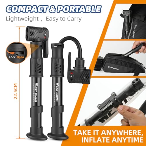 West Biking Mini Bicycle Pump - Aluminum Alloy, 120 PSI, 3-Valve, Black