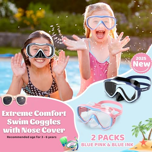 Kids Swim Goggles with Nose Cover - Anti-Fog Diving Mask - Blue Pink