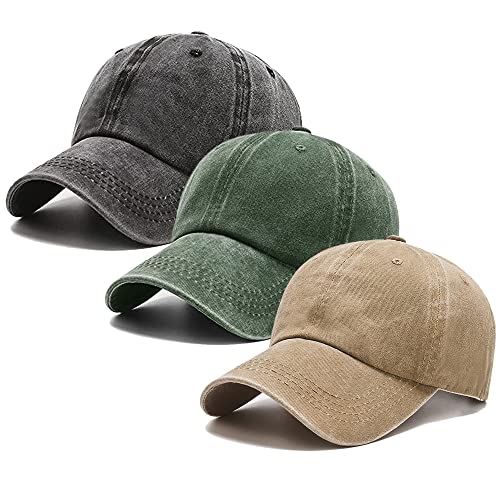 Vintage Washed Cotton Baseball Cap - Dark Green, Black & Khaki, Adjustable Dad Hat for Men & Women - Medium-Large