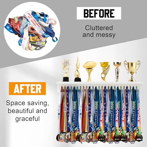 Wooden Medal Hanger Display with 49 Hooks - Trophy Holder Shelf