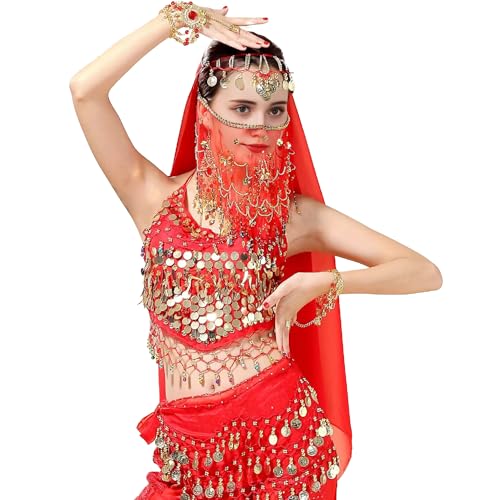 Belly Dance Hip Scarf with 128 Gold Coins - Red
