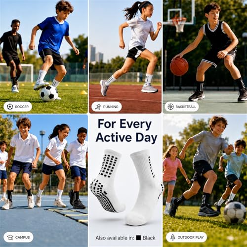 Kids Grip Soccer Socks - Cushioned Non-Slip, 6 Pairs - Black & White