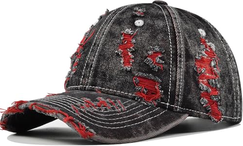 YeeHeen Red Distressed Washed Denim Baseball Cap - One Size Strapback