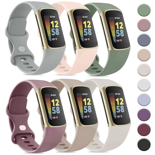 Tobfit 6 Pack Sport Silicone Bands for Fitbit Charge 5/6 Small & Large, Waterproof Replacement Straps for Women Men, Light Pink/Sage Green/Grey/Starlight/Mauve Purple