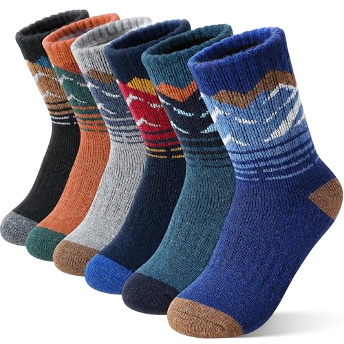 Kids Boys Merino Wool Thermal Hiking Socks 8-12 Years, Mountain Series, 6 Pairs