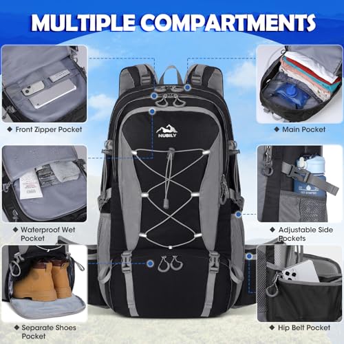 NUBILY 50L Waterproof Hiking Backpack - Black Lightweight Daypack for Men & Women