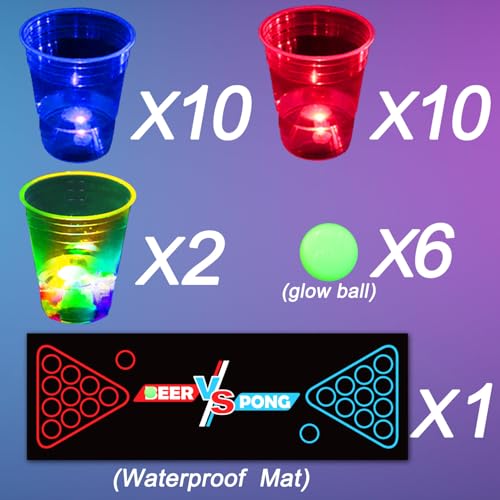 Glow-in-The-Dark Beer Pong Set with Table Mat, Cups, LED Lights & Pongs for Indoor Outdoor Party