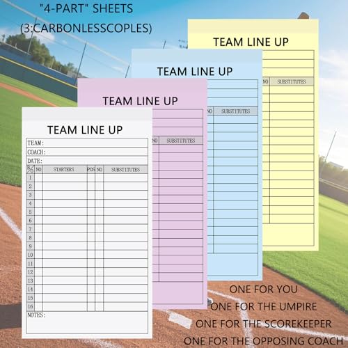 Baseball Lineup Cards - 4-Part Carbonless Copies, 30 Sets