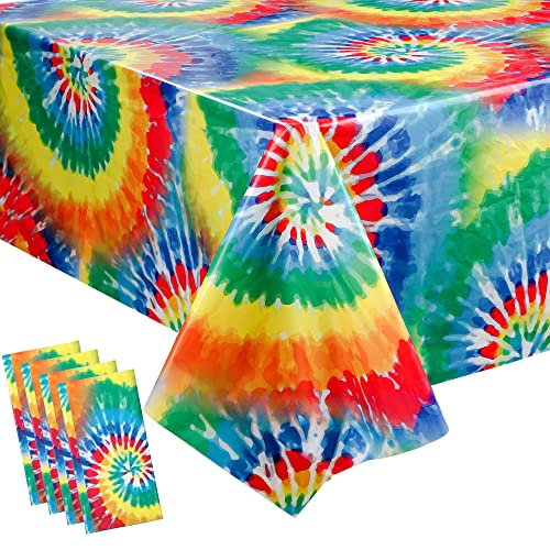 Augisteen 4-Pack Rainbow Tie-Dye Plastic Tablecloths 54x108 Inches for 60s Hippie Party