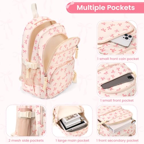 JingyuKJ Pink Coquette Bow Backpack Aesthetic Kawaii Daypack for Women & Girls