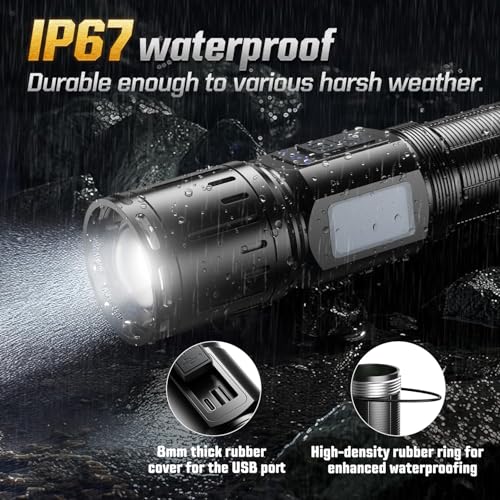Svoko Black High-Lumen Rechargeable Tactical LED Flashlight with COB Side Light