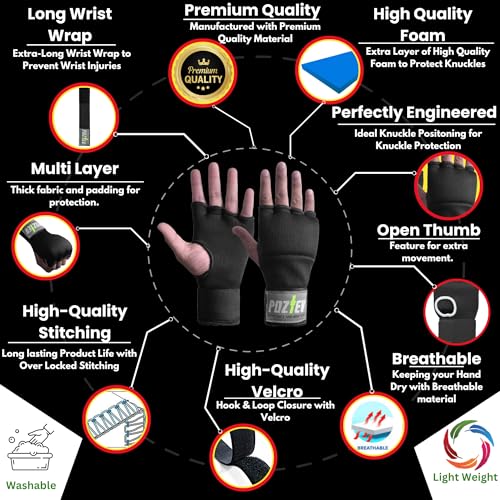 Boxing Hand Wraps with Knuckle Protection - Black, Small-Medium