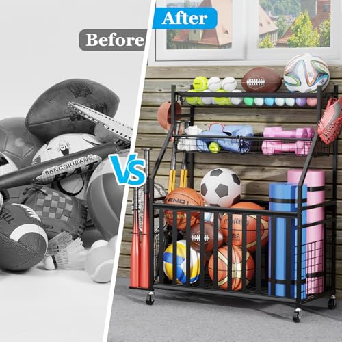 Sports Equipment Organizer with Wheels - Ball Storage Rack