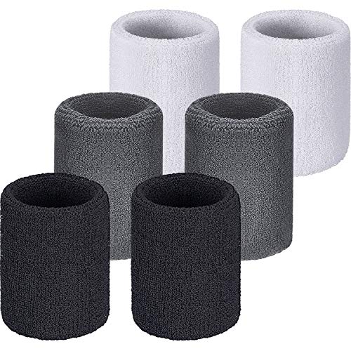 Wrist Sweatbands - Absorbent Sports Bands for Basketball, Tennis, Running - Pack of 6 - Black, White, Gray