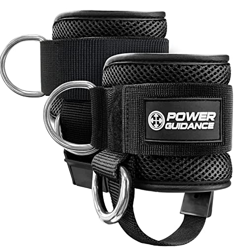 Power Guidance Ankle Straps for Cable Machine – Black Pair, Velcro Adjustable D-Rings